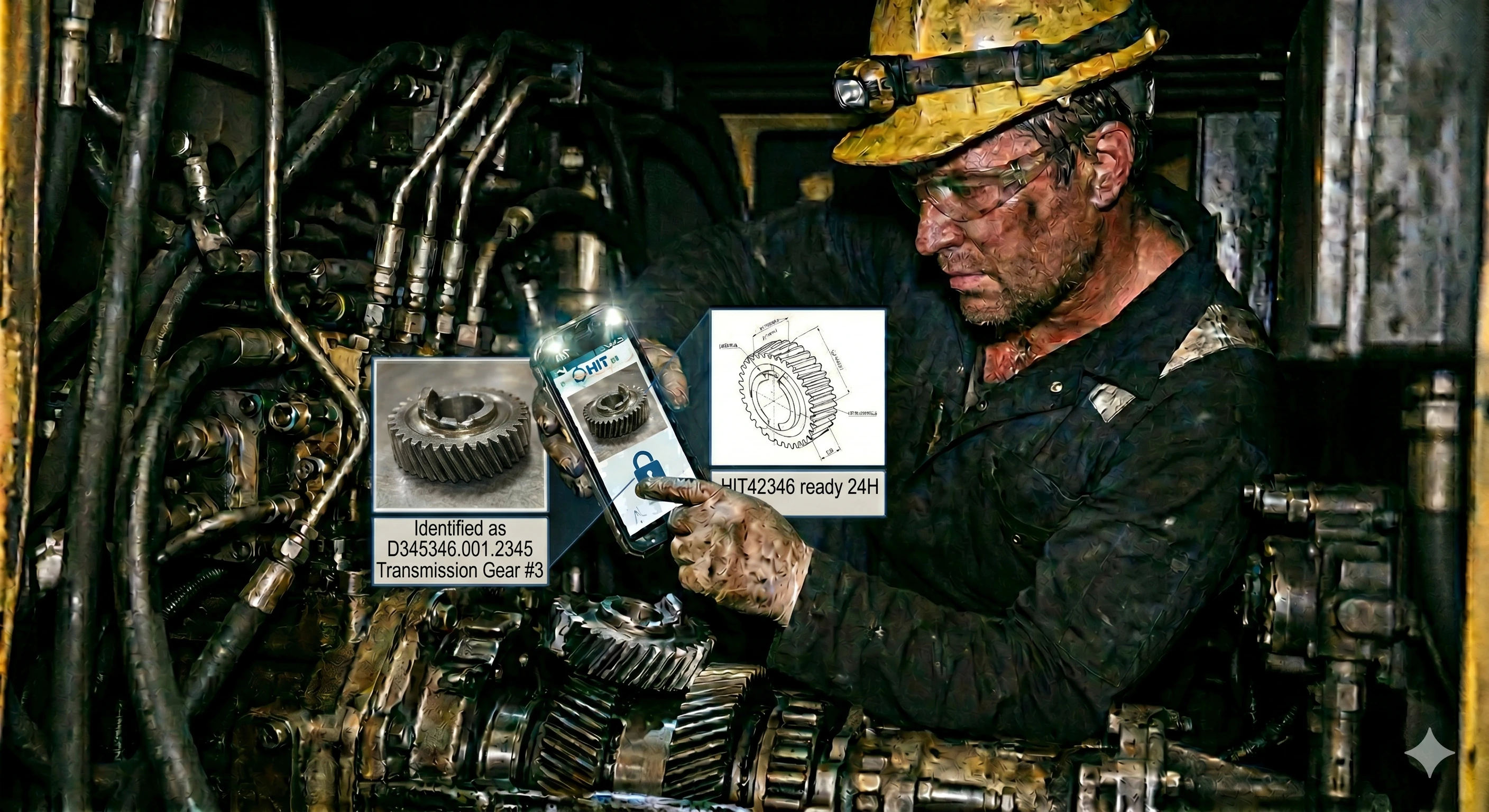 Heavy-duty mechanic identifying broken transmission gear using Spareparts Manager AI App